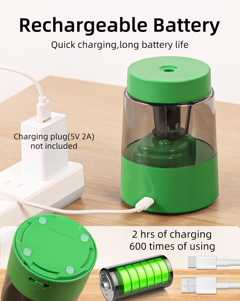 Zmol Electric Rechargeable Pencil Sharpener, Automatic Pencil Sharpeners Kids, Battery Pencil Sharpeners for Colored Pencils, Auto Stop, Suitable for No.2(6-8mm), Classroom/Home Green - Image 5